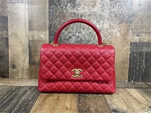 CHANEL MEDIUM LIZARD-TRIM COCO HANDLE CAVIAR QUILTED RED FLAP BAG Like New